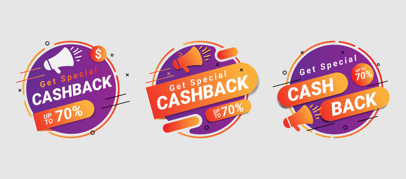 Colorful cashback banner collection. Money refund signs. Return of money from purchases. Promotion badges for your business.