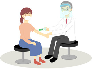Obraz premium 予防接種を受ける女性と医師（マスクとフェイスシールド）／Vaccinated women and doctors (masks and face shields)