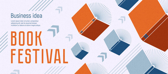 Banner for book festival. Open books flying with arrows. Vector minimalist background with textures. Design template for a library, education theme. Concept of striving for success. Blue and red color