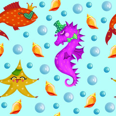 Naklejka na ściany i meble Vector seamless pattern with sea animals. Bright baby background in marine style