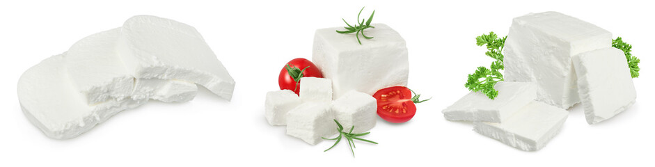 Feta cheese isolated on white background. With full depth of field. Set or collection