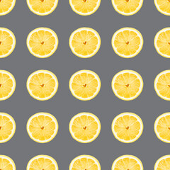 Ultimate grey and illuminating yellow. Seamless pattern yellow citrus fruit lemon lying on grey surface. Colorful fresh citrus slice wallpaper.