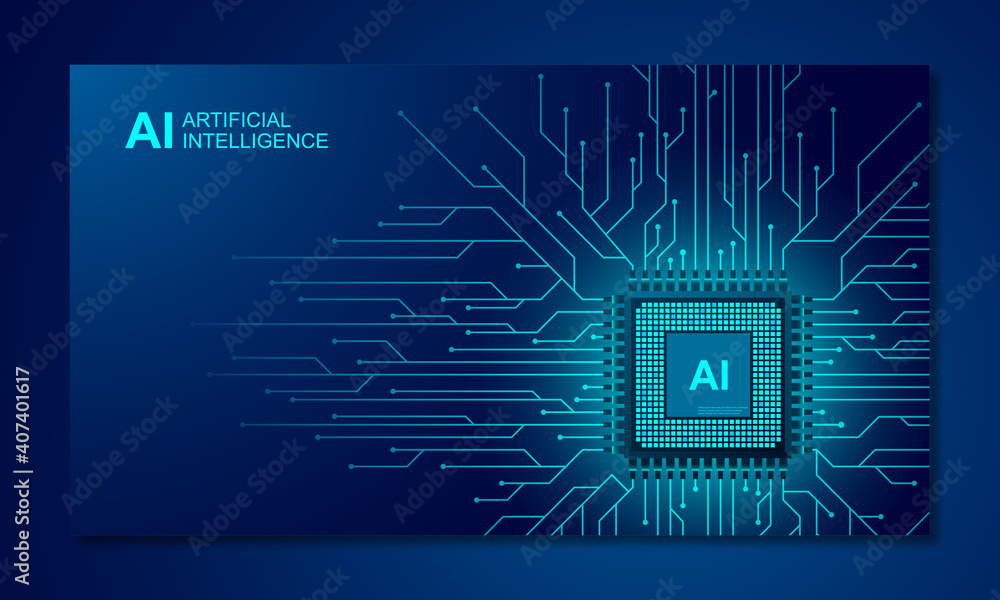 Aufkleber artificial intelligence web banner. 3d isometric illustration of a processor chip. the process of da