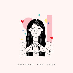 Love card print with girl and hand heart shape