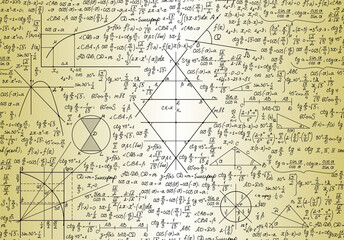 Fototapeta premium Scientific vector math seamless pattern with handwritten formulas, figures and equations, old paper effect