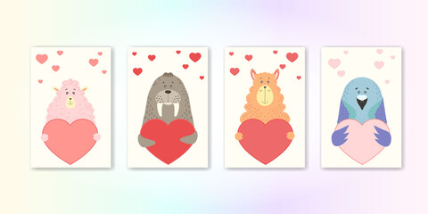 Cute cartoon animal holds a heart sign with copy space. set valentine's day greeting card banner invitation flyer brochure. cartoon hand drawn style. Little animals pets in love, declaration of love