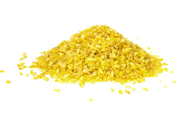 Heap of dry bulgur grains isolated on white background.
