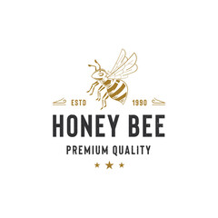 Honey bee logo template. Hand drawn vintage style illustrations