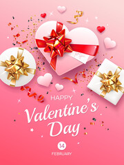 Fototapeta na wymiar Vertical Valentine's Day greeting card template. White gift boxes on pink background. Symbols of holiday - hearts, red and gold ribbons and tinsel.