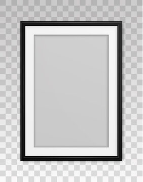 Mockup black frame photo. Shadow on wall. Mock up artwork picture framed. Vertical boarder. Empty board a4 photoframe. Modern stylish 3d border. Design prints poster, blank, painting image. Vector
