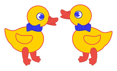 Two yellow ducklings with dark blue bows