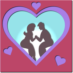 Couple in love sitting in the heart, papercut vector illustration