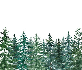 Fototapeta premium Winter evergreen forest illustration. Watercolor pine green trees landscape graphic. Snowy nature background.