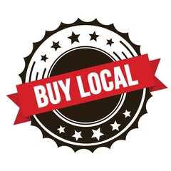 BUY LOCAL text on red brown ribbon stamp.