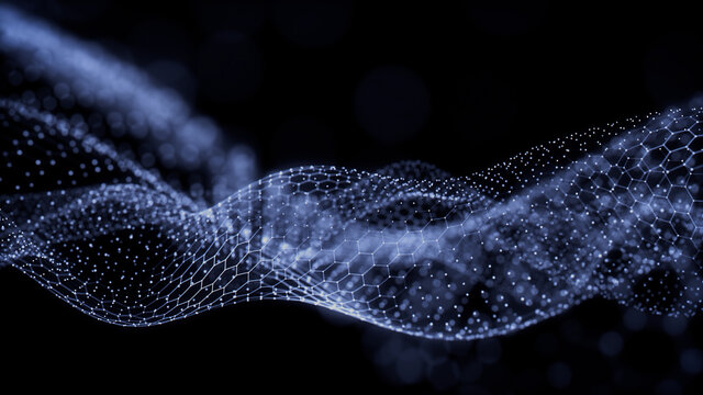 Sound Wave Vizualisation concept. Music audio frequencies represented as High Tech Futuristic Particle Waves. Abstract background. 3D render