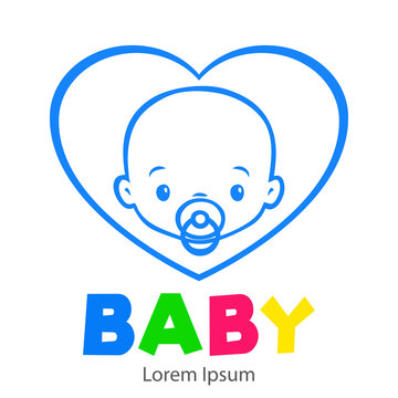 Baby Shower. It's a Boy. Logotipo con texto BABY con caricatura de cara de bebé con chupete y corazón en color azul