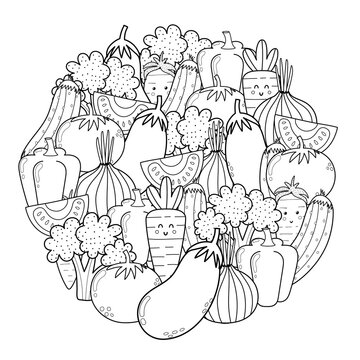 Circle shape coloring page with doodle vegetables. Eco food black and white print for coloring book. Outline background. Vector illustration