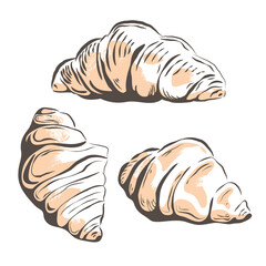 Vector Illustration of Hand Drawn sketch of Croissants on white background. Scratch board style imitation. Brown and white ink image