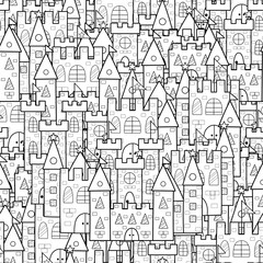 Magic kingdom black and white seamless pattern. Fantasy coloring page for adults and kids with doodle castles. Outline background. Vector illustration