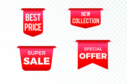 New collection sale tags. 3d labels and badges. Red scroll ribbons. vector banners. Eps 10 vector illustration.
