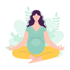 Beautiful young pregnant woman in lotus position. Yoga and sports concept for pregnant women. Vector illustration in flat style on floral background.