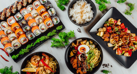 High angle shot of plates with traditional Asian food, seafood, and sushi on a table..