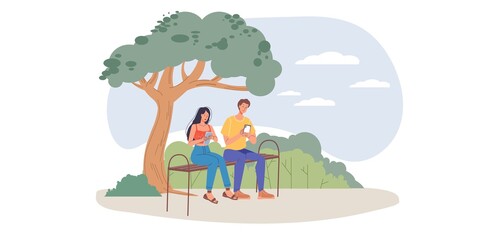 Cartoon flat characters surfing internet outdoor - web chat,social networking service,online education,messenger communication,freelance remote work concept