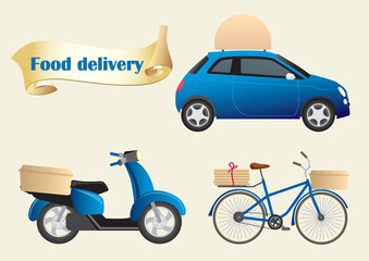 Set of transportation for food delivery. Blue car, blue scooter and blue bicycle with food  boxes.