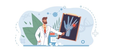 Cartoon flat doctor character in uniform,lab coat with medical pictures and symbols-radiography and x-ray diagnostics concept
