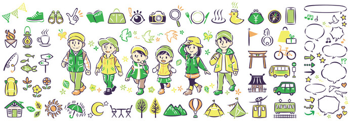 春　旅行、アウトドアレジャー　三世代家族　アイコンイラストと吹き出し　セット
