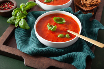 tomato and bell pepper vegetarian soup on green background
