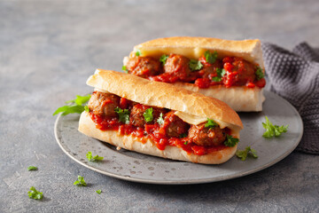 meatball sub sandwich with cheese and marinara tomato sauce. american italian fast food