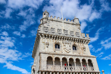 Fototapeta na wymiar Low angle view of Belém Tower against blue sky in Lisbon, Portugal