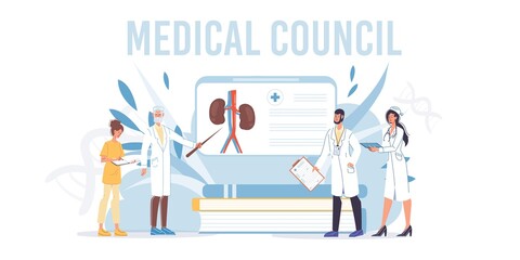 Cartoon flat doctor characters and nurses in uniform,laboratory coats with medical devices-medic team,science council,conference and education concept