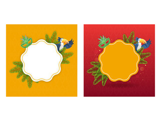 Empty Frame With Carnival Mask, Fir Leaves And Toucan Bird Decorated Background In Two Color Options. © Abdul Qaiyoom