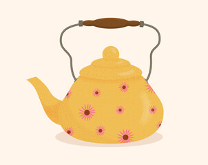Yellow retro teapot with echinacea print. Vintage kettle suitable for posters, background, postcards.