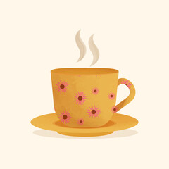 Yellow cup with echinacea print. Vintage mug suitable for posters, background, postcards.