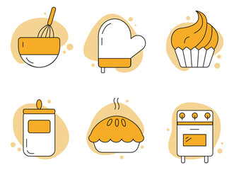 Set of kitchen icons with mixing bowl, potholder, muffin, flour jar, pie and oven. Flat symbols for bakery.