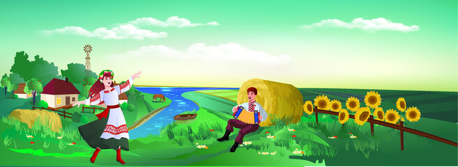 Obraz na płótnie Canvas Rural landscape - a dancing girl and a guy with an accordion in the meadow. Sunflowers, dachas by the river with a boat on the bank. Vector illustration