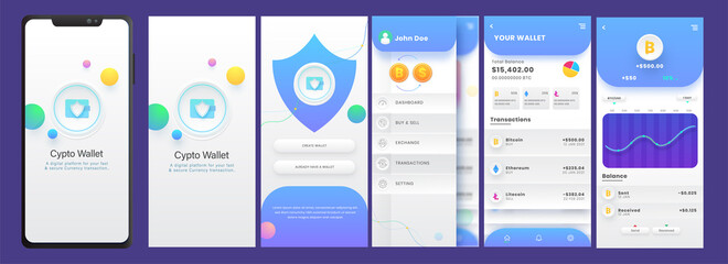 Crypto Wallet Mobile App UI Kit Including Like As Create Account, Transaction, BTC Screens.