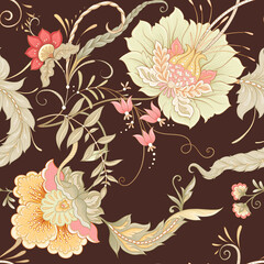 Naadloze patroon met gestileerde sierbloemen in retro, vintage stijl. Jacobijnse borduurwerk. Gekleurde vectorillustratie op chocolade bruine achtergrond.