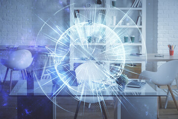 Double exposure of business theme drawing and office interior background. Concept of success