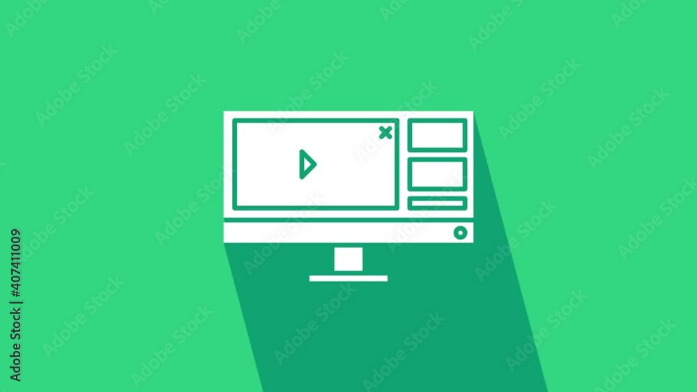 Aufkleber white video recorder or editor software on computer monitor icon isolated on green background. 4k vi