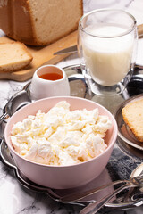 Cottage cheese, milk, honey and homemade bread