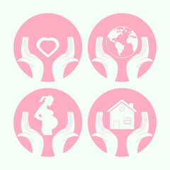 Delicate signs of pink color, hands holding a heart, a pregnant girl, the earth and a house, vector illustration