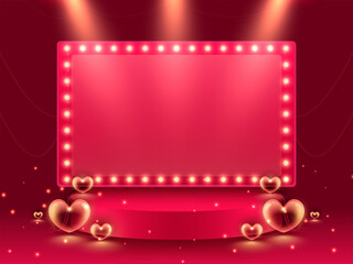 Empty Pink Marquee Frame Over Stage Or Podium With Hearts On Red Lights Effect Background.