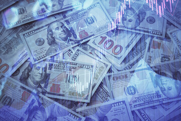 Double exposure of forex graph drawing over us dollars bill background. Concept of financial markets.