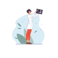 Cartoon flat doctor character in uniform,lab coat with medical pictures and symbols-radiography and x-ray diagnostics concept