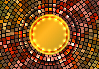 Gold geometric abstract radial mosaic circle background. Abstract gold colored mosaic circle background. Gold round pavement textures with street tiles. Vector illustration