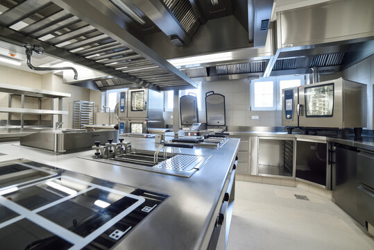 A stainless steel kitchen in a restaurant